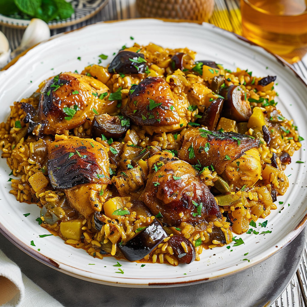 Un plat de poulet aux pruneaux façon tajine, servie sur un plateau.