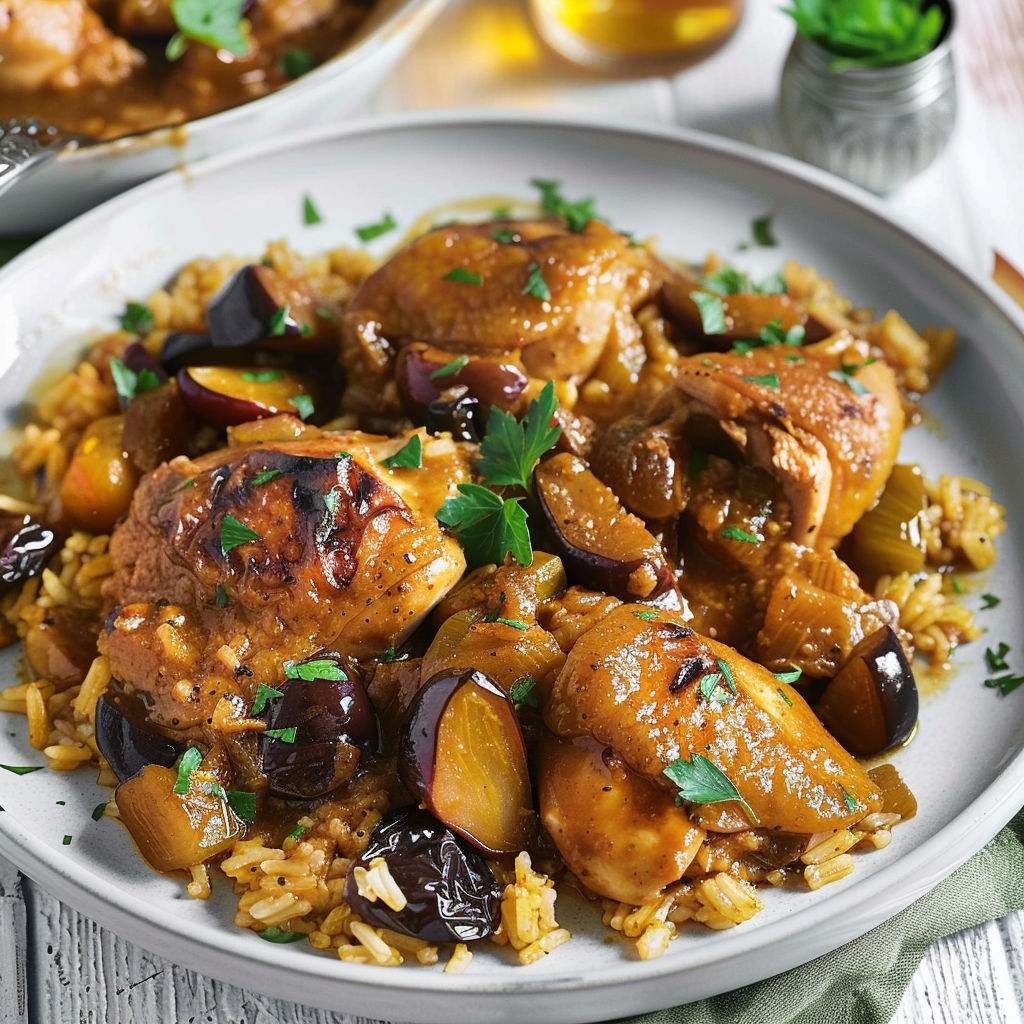Un plat de poulet riz avec des fruits rouges et des herbes vertes.
