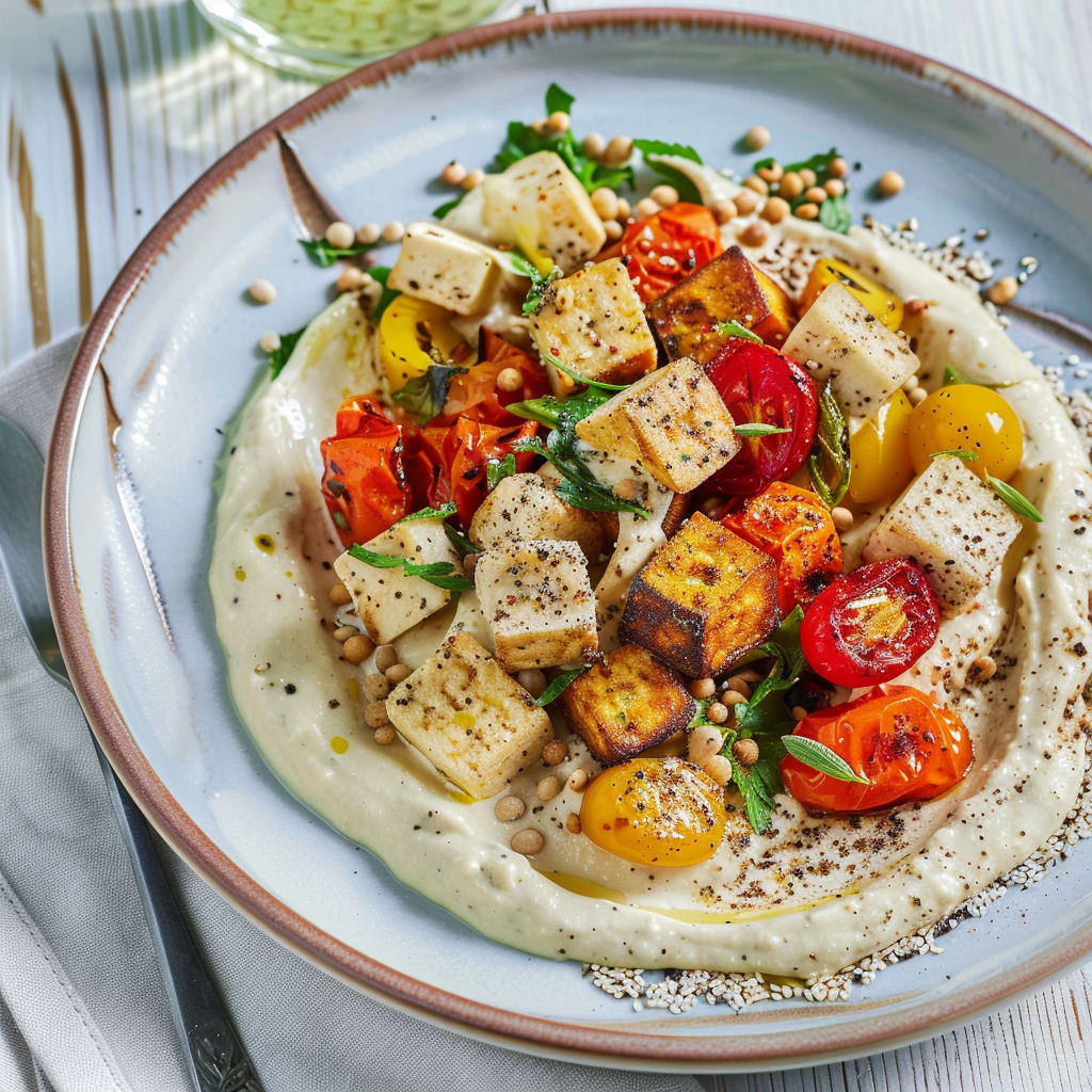 Une assiette de tofu rôti et légumes croquants sur lit de houmous crémeux.