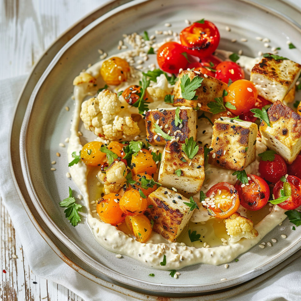 Une assiette de Sauté Végétarien au Chou-Fleur et Tofu, Sauce Houmous-Yogourt, avec des légumes et des graines de cumin.