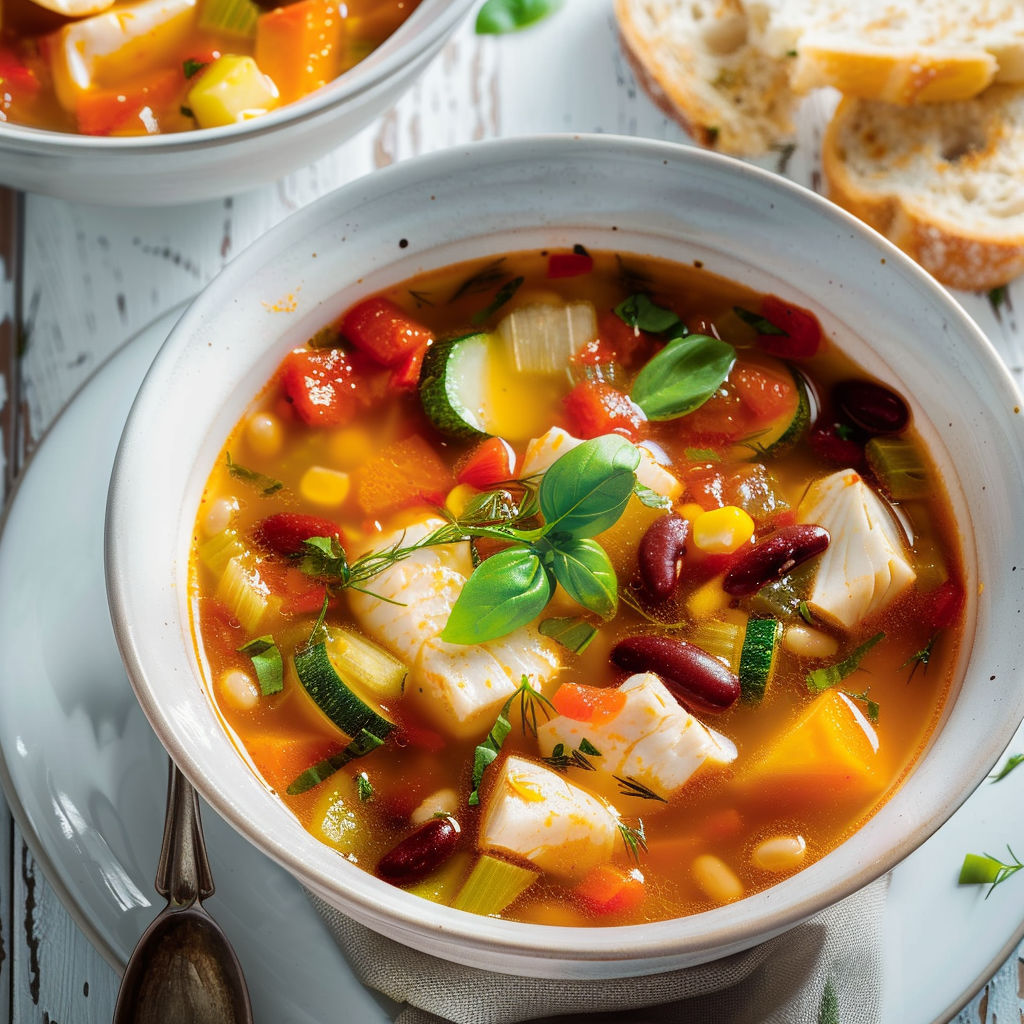 Une soupe chaude avec des légumes et des viandes, accompagnée de pain grillé.