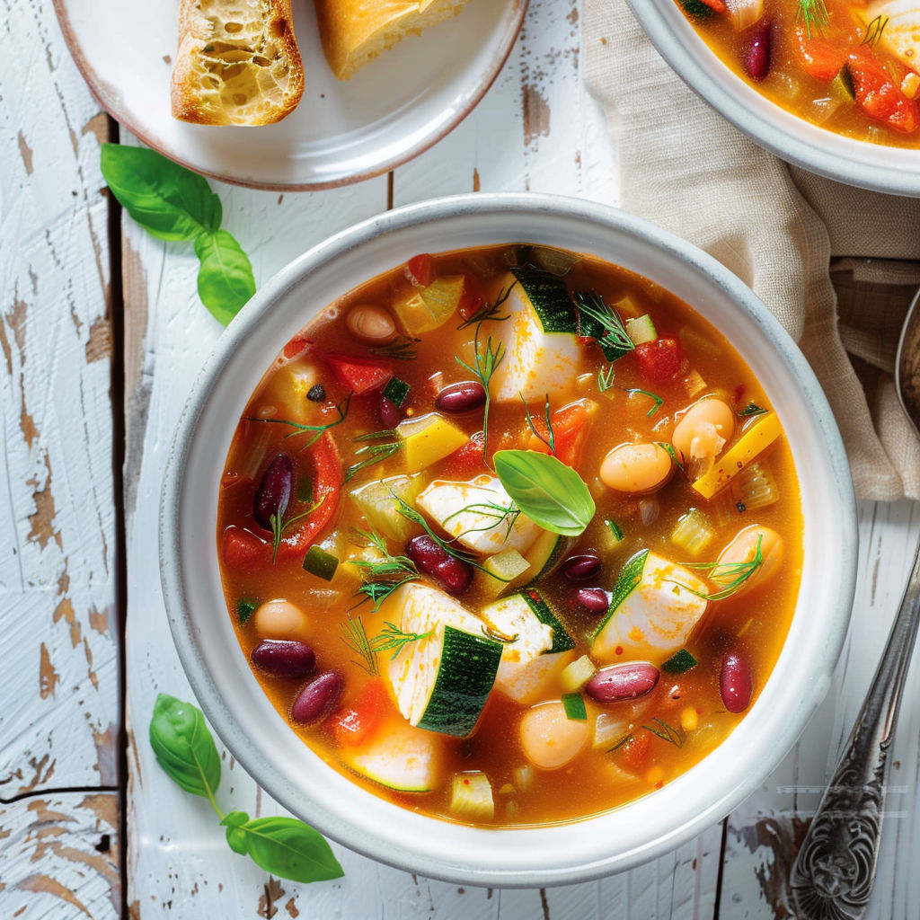 Une recette de soupe chaude avec des légumes et des haricots.