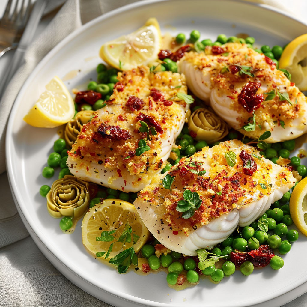Plate of fish with a lemon wedge on top.