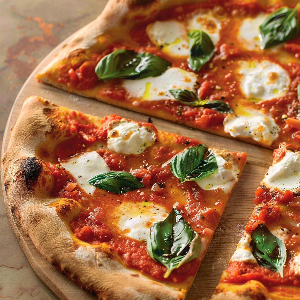 Une pizza Margherita croûte fine, avec des herbes et des tomates, est servie sur un plateau.