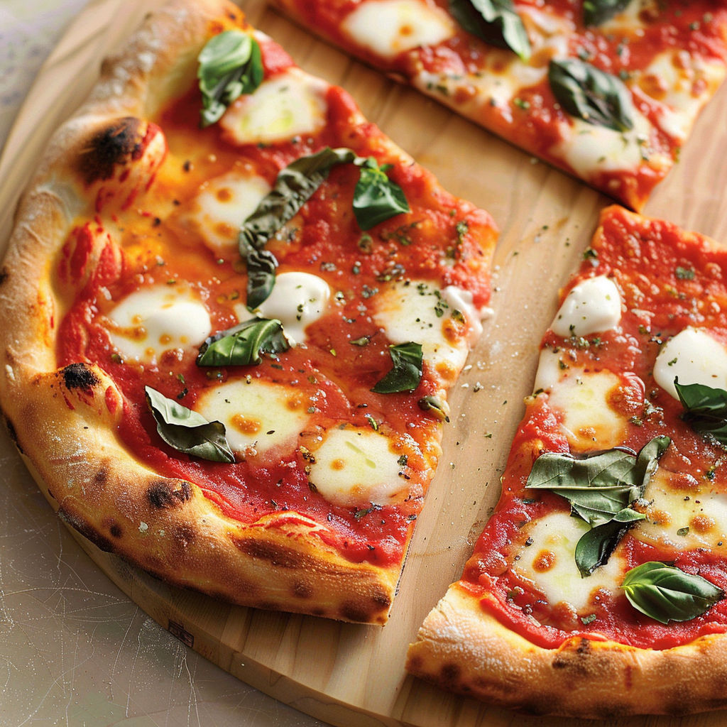 Une pizza maison Margherita avec des herbes de basilic.