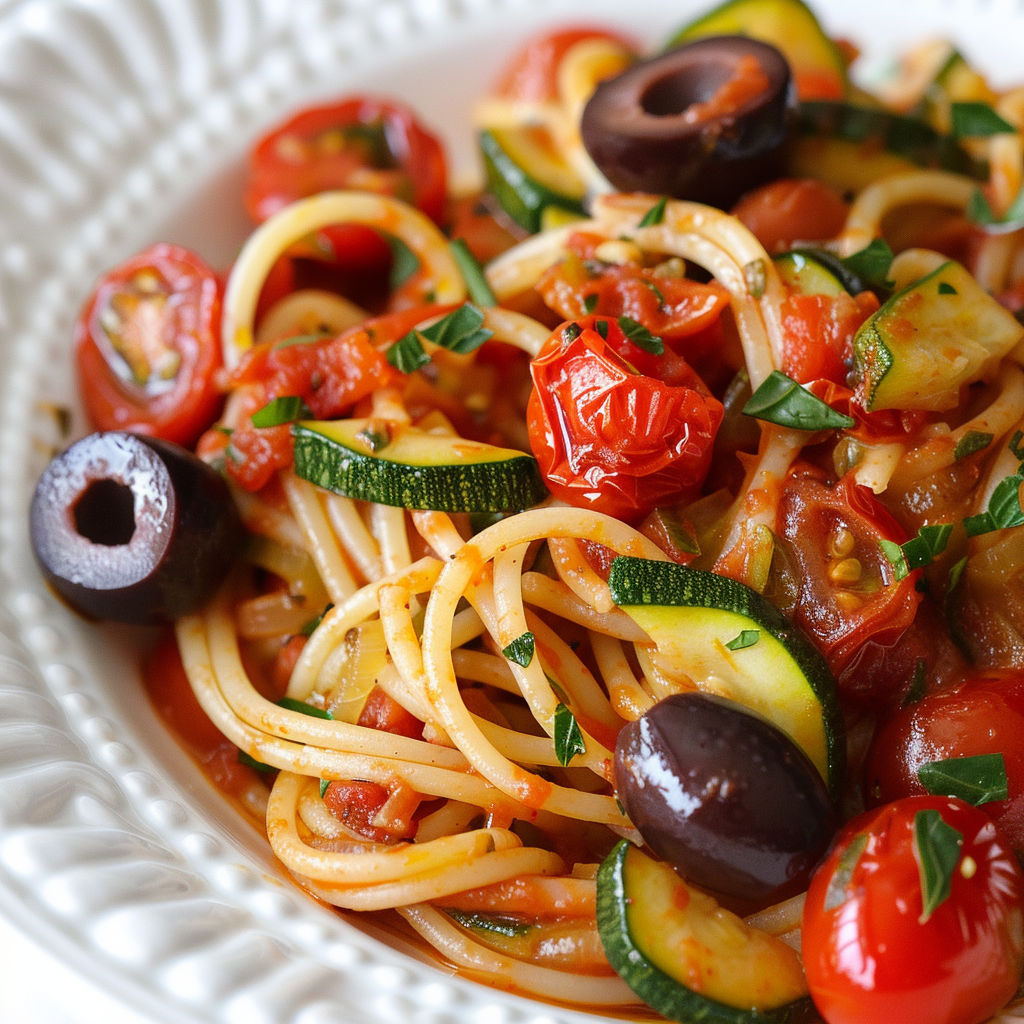 Une recette de spaghetti à la sauce tomate et aux légumes verts.