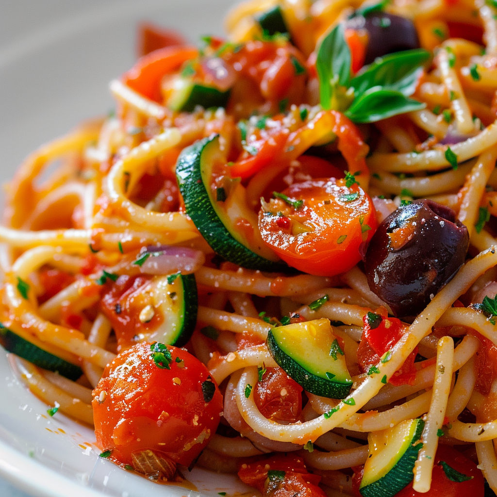 Une recette de spaghetti à la sauce tomate avec des légumes frais.