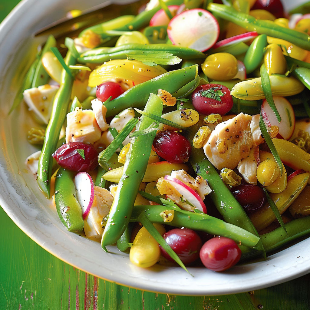 Une salade de légumes et de poisson, avec des légumes verts, des tomates cerises, des poivrons, des avocats, des cornichons et des raisins.