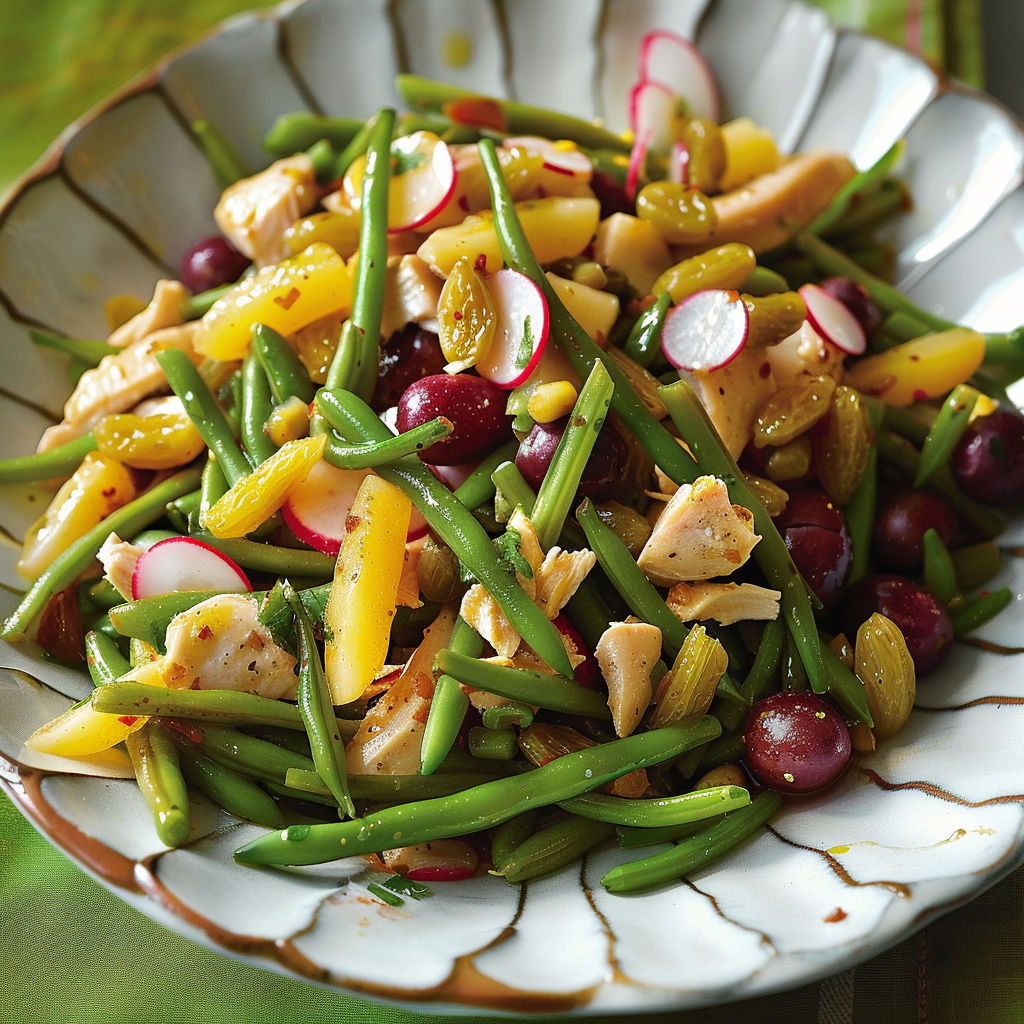 Une salade de poulet et de légumes verts, avec des tomates cerises et des raisins, est servie dans un bol en porcelaine.