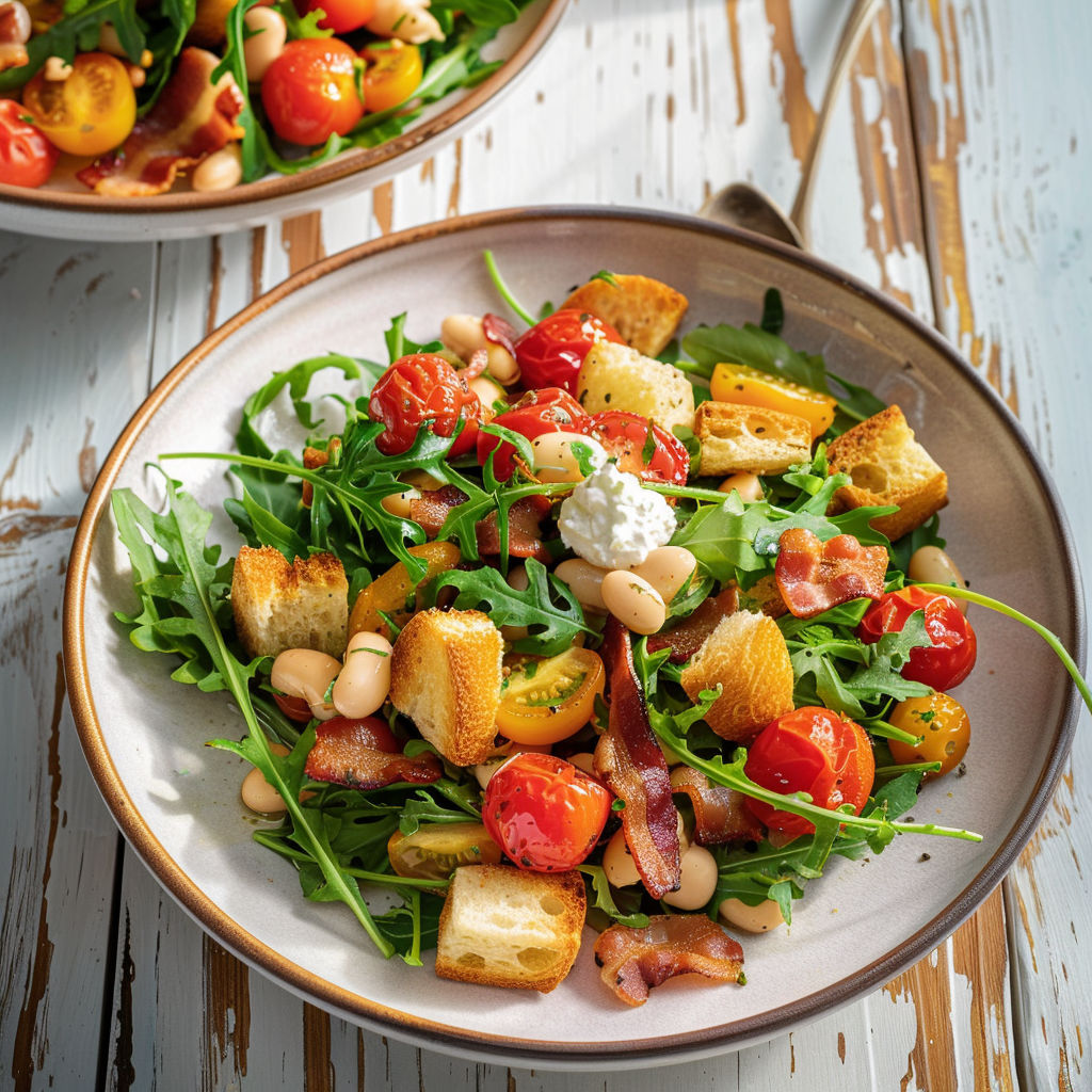 Une salade de tomates et de quinoa, avec des légumes frais et des tranches de pain grillé, est servie dans un bol en terre.
