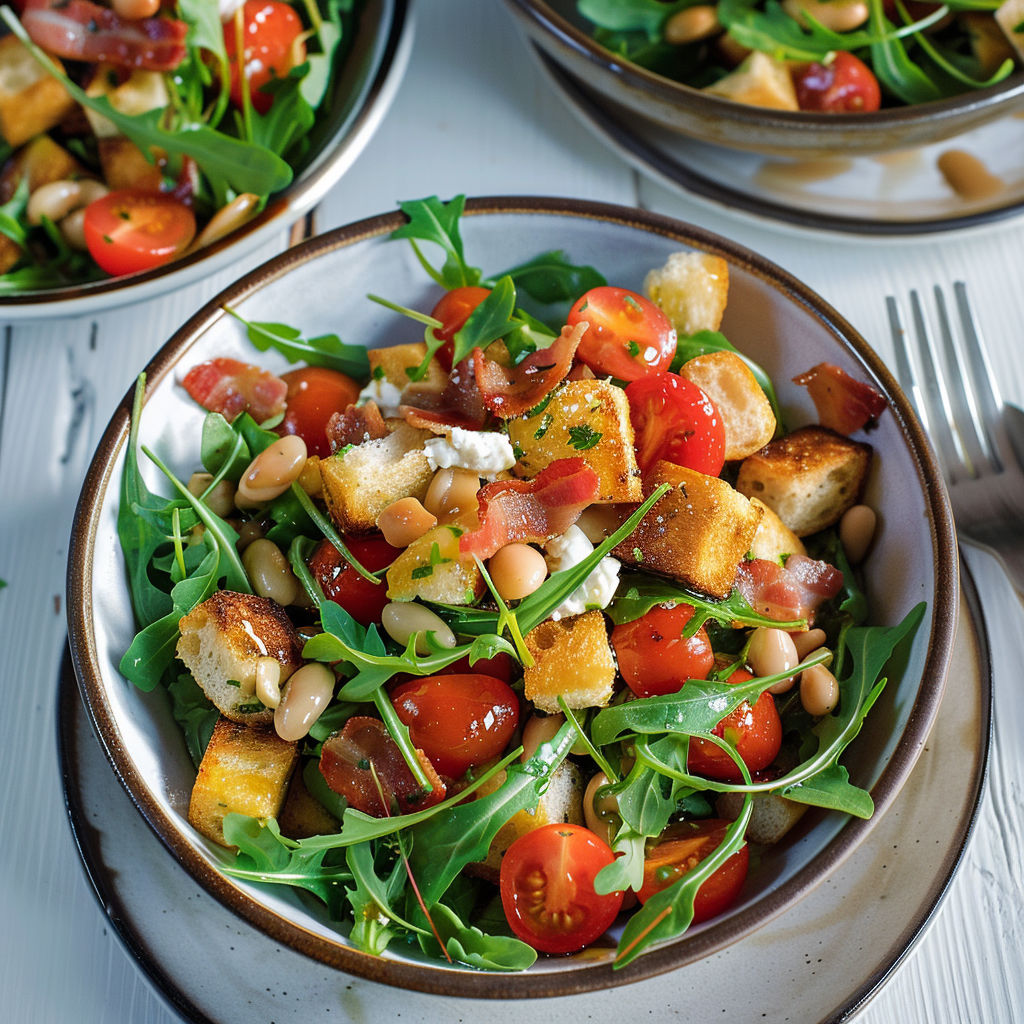 Une salade de tomates et de quinoa, avec des légumes verts et des tranches de pain grillé, est servie dans un bol.