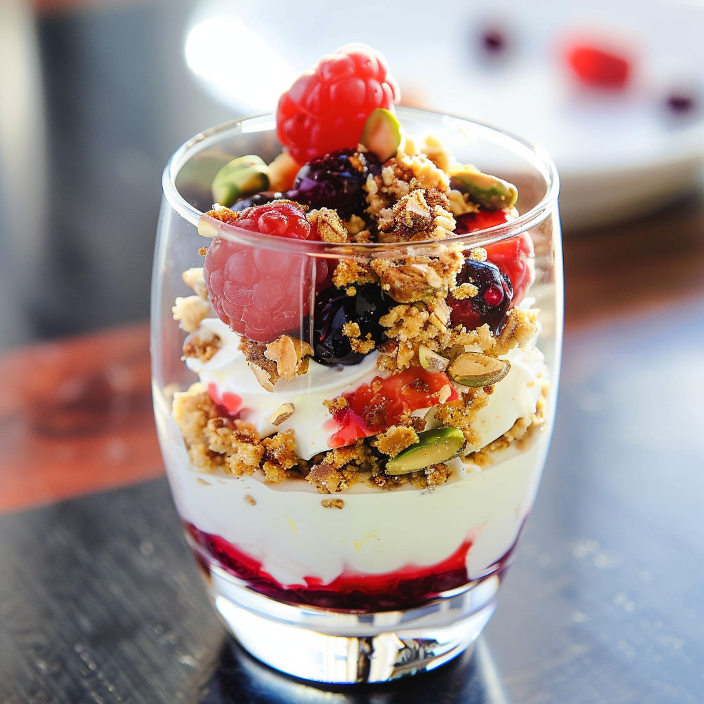 Un verrine fruité contenant des fraises, des baies, du lait et des noix de pistache.