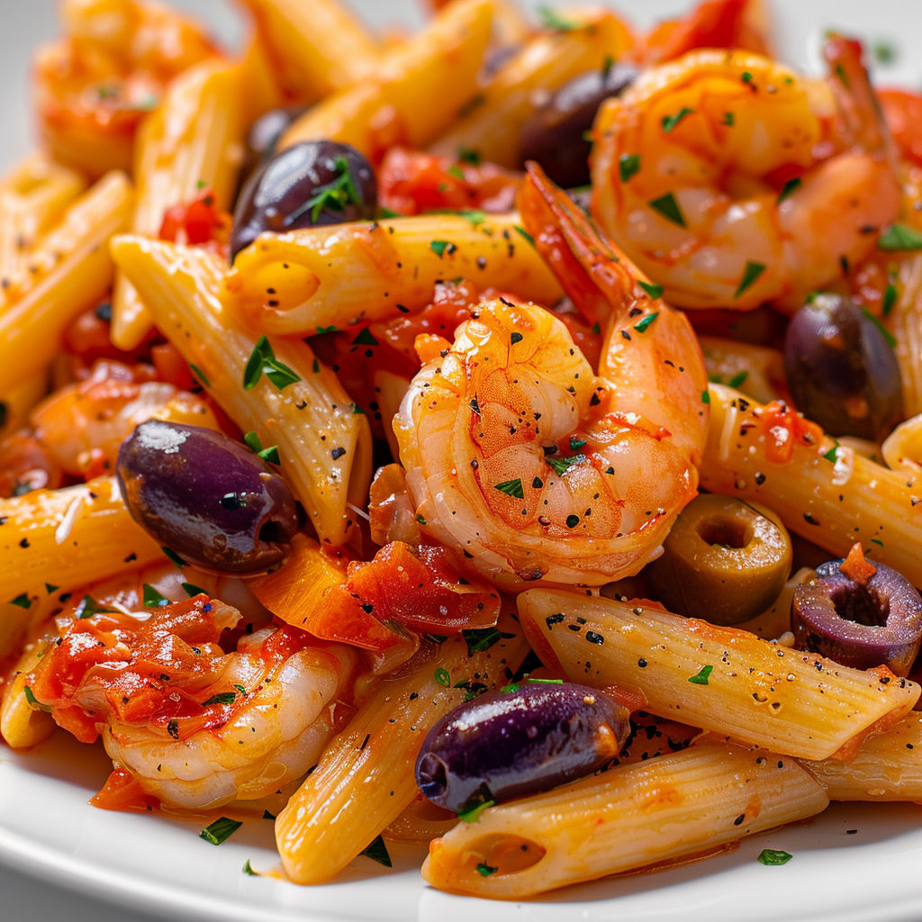 Une plate de pâtes aux crevettes et aux olives, avec des olives et des herbes vertes, est servie sur un plateau.