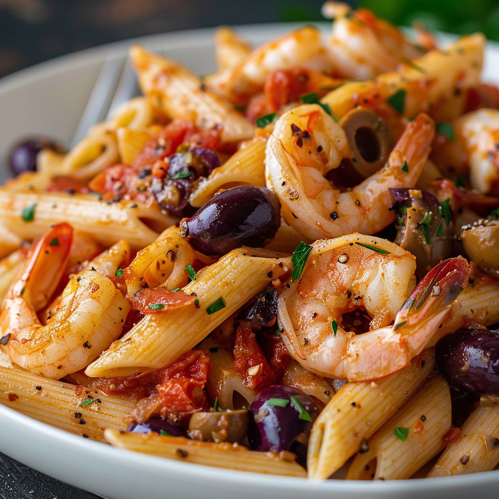 Une plate de macaroni à la sauce tomate avec des olives et des crevettes.