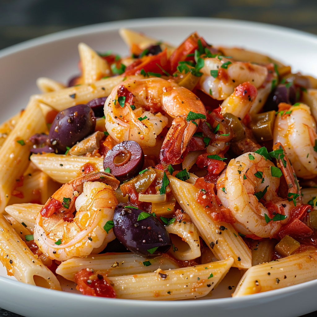 Plate of pasta with shrimp and olives.