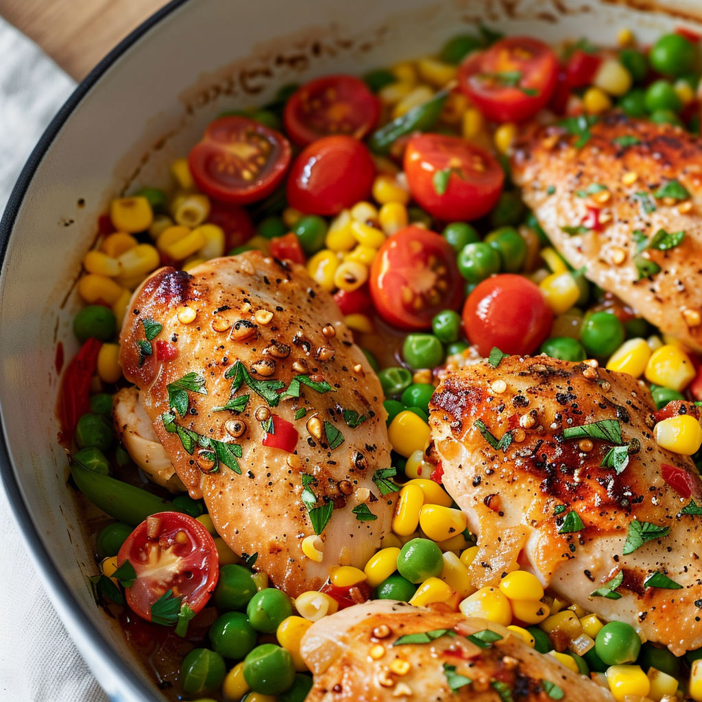 Casserole de poulet au maïs, aux petits pois et aux tomates succotash.