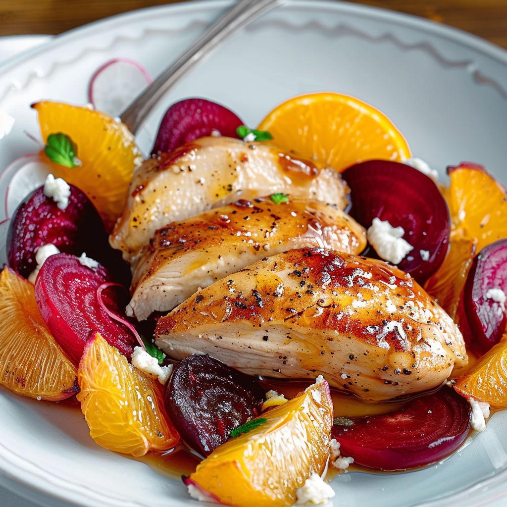 Une assiette de poulet grillé avec des oranges, betteraves et radis rôtis.