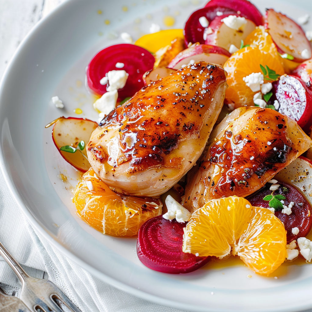 Une salade de poulet grillé avec des légumes et des oranges.