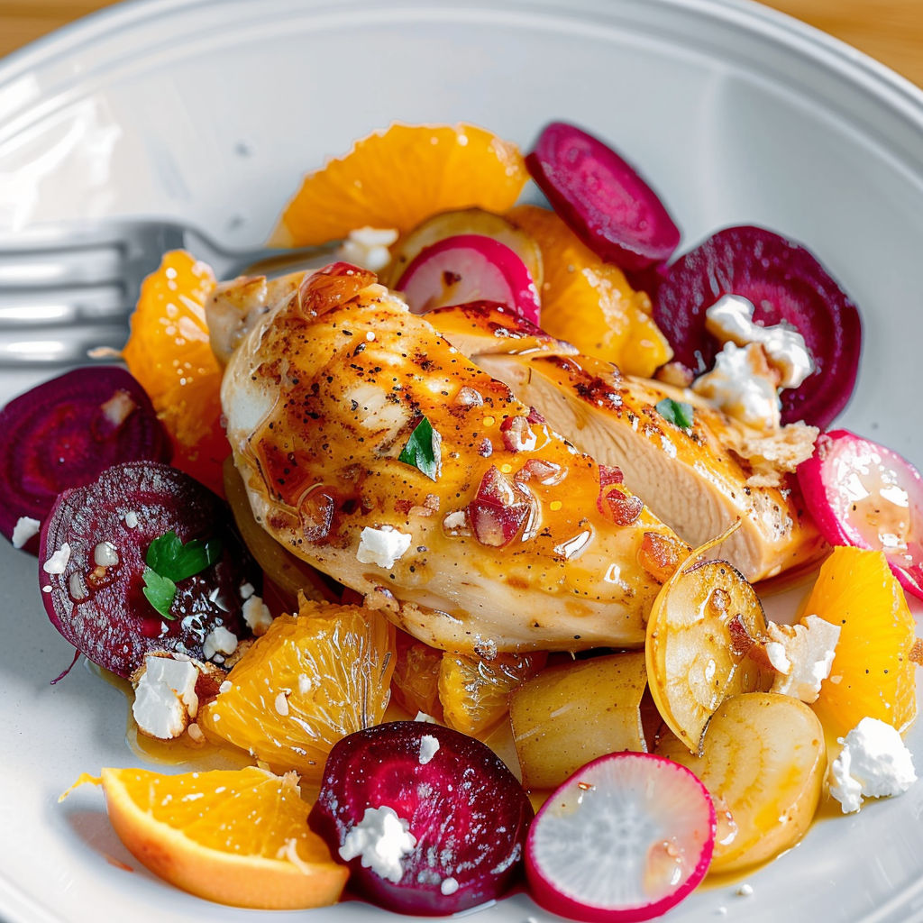 Une salade de poulet grillé avec des oranges et des radis.