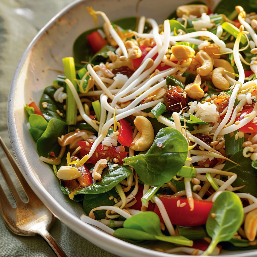 Une salade croquante aux saveurs asiatiques et noix de cajou, composée de légumes et de noix, est servie dans un bol.