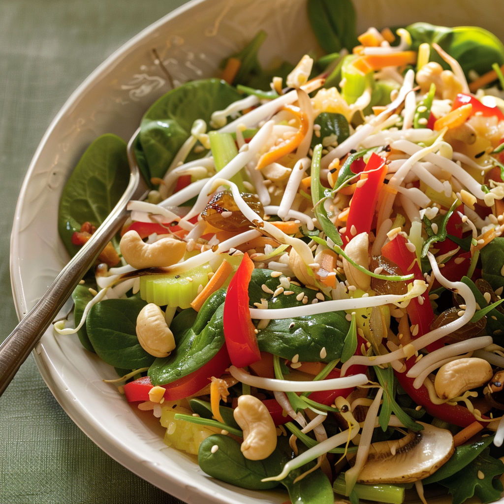 Une salade vitaminée au gingembre, miel et noix de cajou est servie dans un bol.