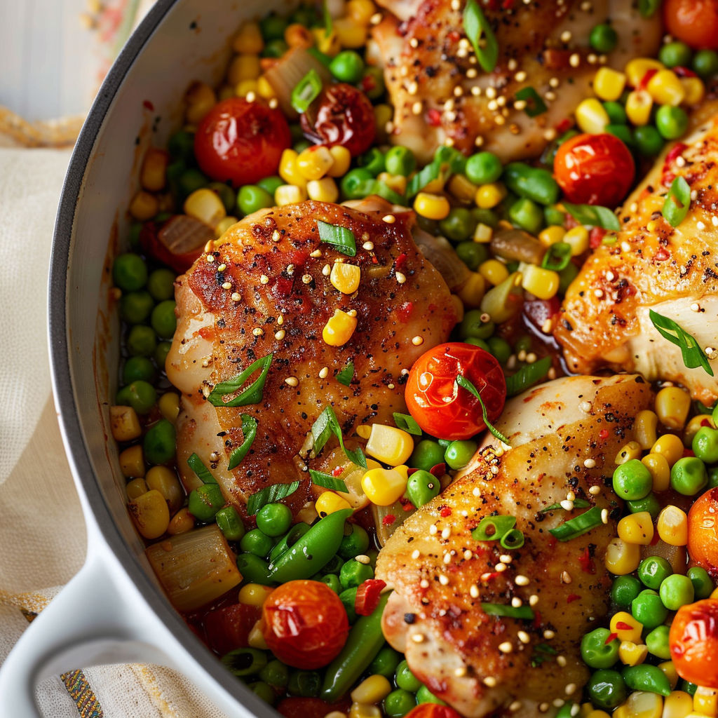 Un plat de poulet épicé mijoté avec des légumes croquants et succotash de maïs et tomates.