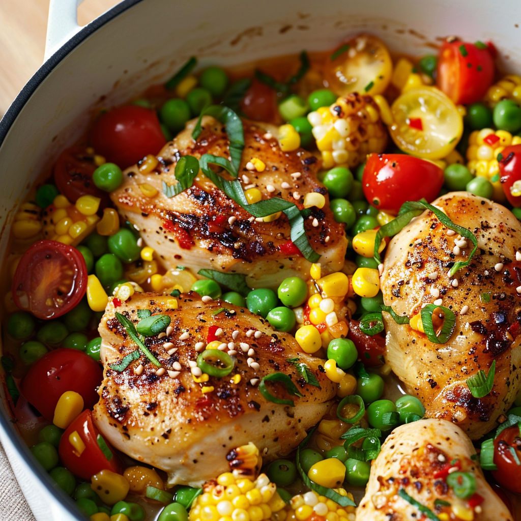 Un plat de poulet parfumé aux graines et légumes, incluant des tomates, des poivrons, des cornichons et des épinards, est servie dans un bol sur une table.