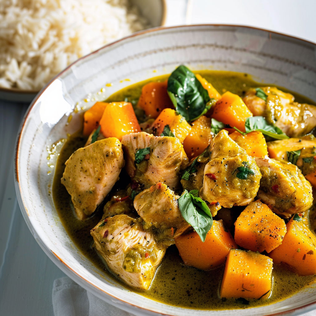 Une assiette de poulet et de courge fondante, accompagnée de lait de coco, est servie sur une table.