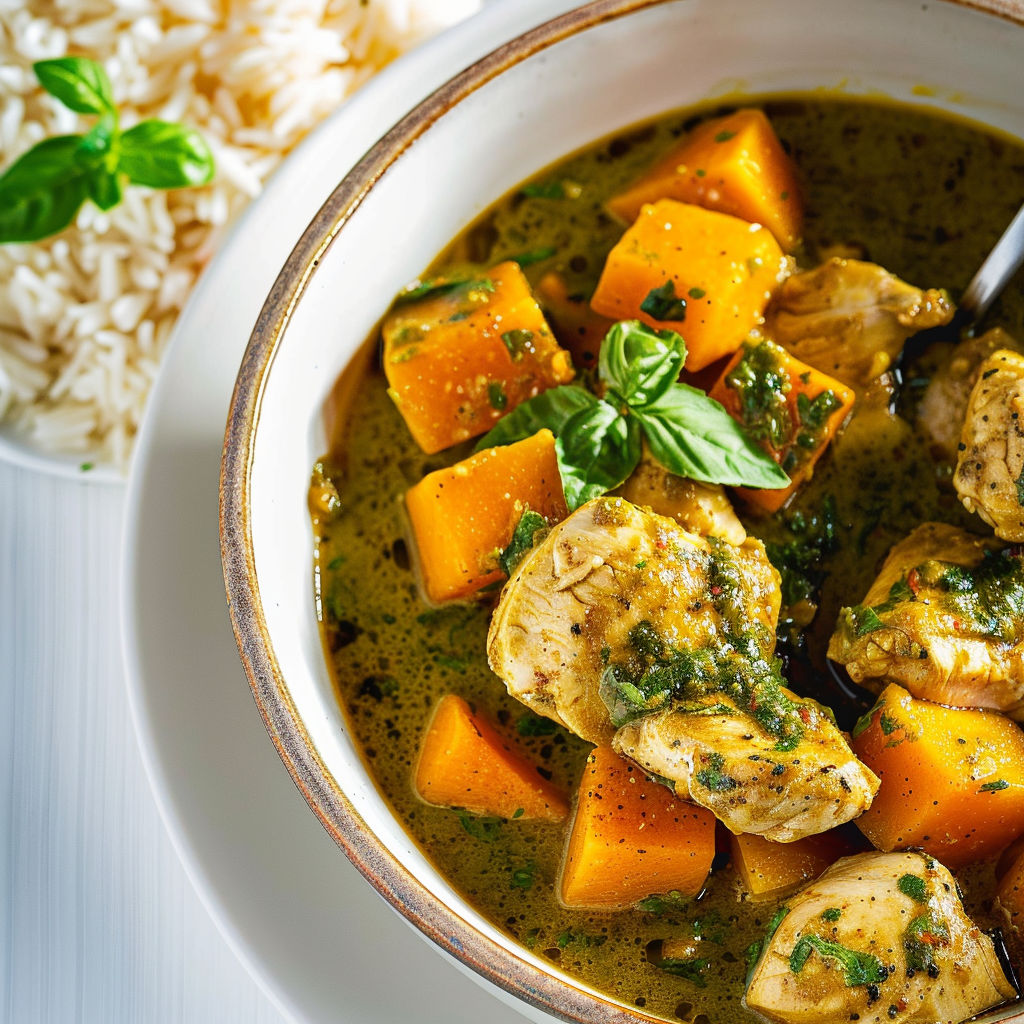 Un plat de poulet au cari vert maison et courge Butternut.