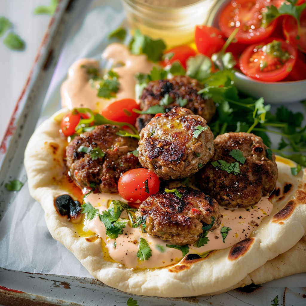 Une plaque de naan avec des keftas de boeuf et des tomates.