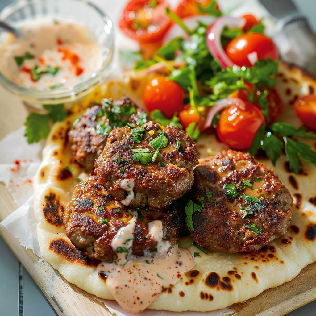 Une plaque de naan avec des keftas de bœuf épicées et sauce au yogourt.