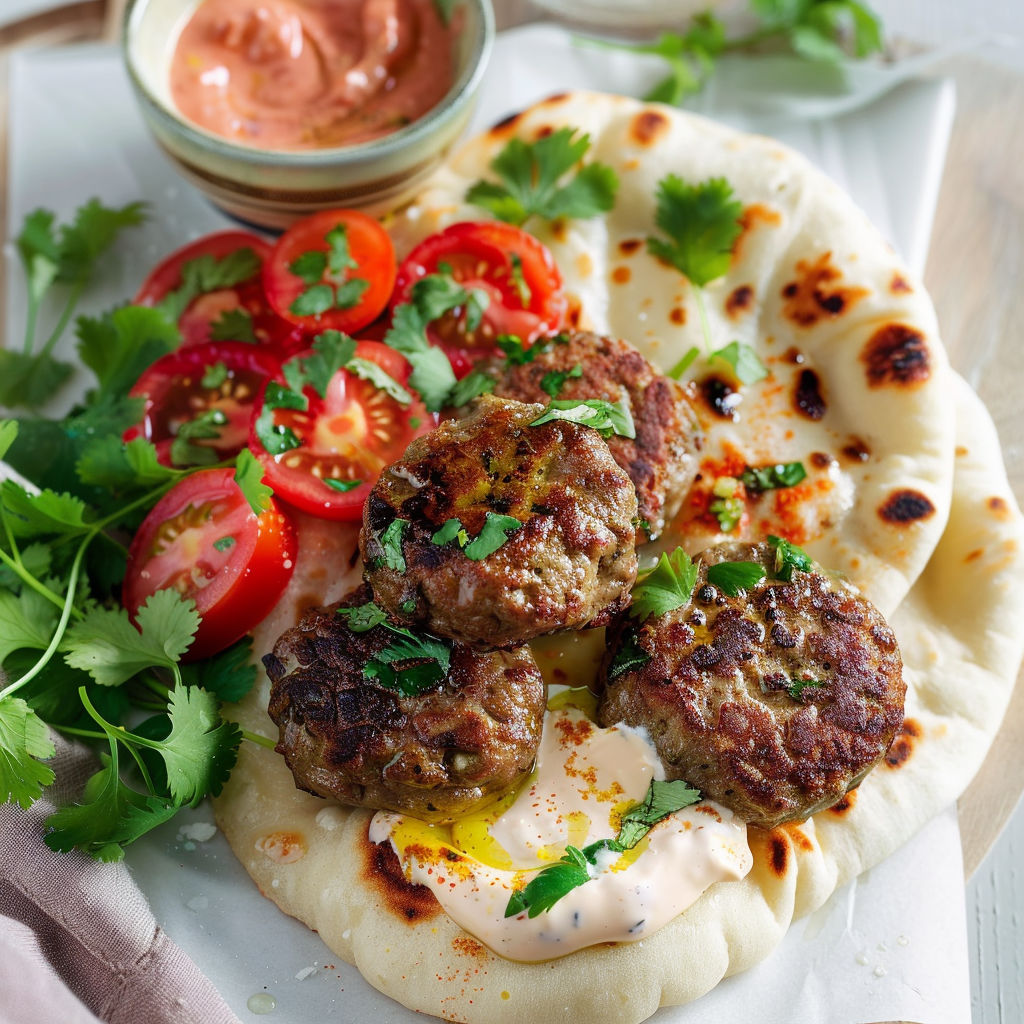 Une plaque de pain naan garni de keftas, tomates fraîches et coriandre.