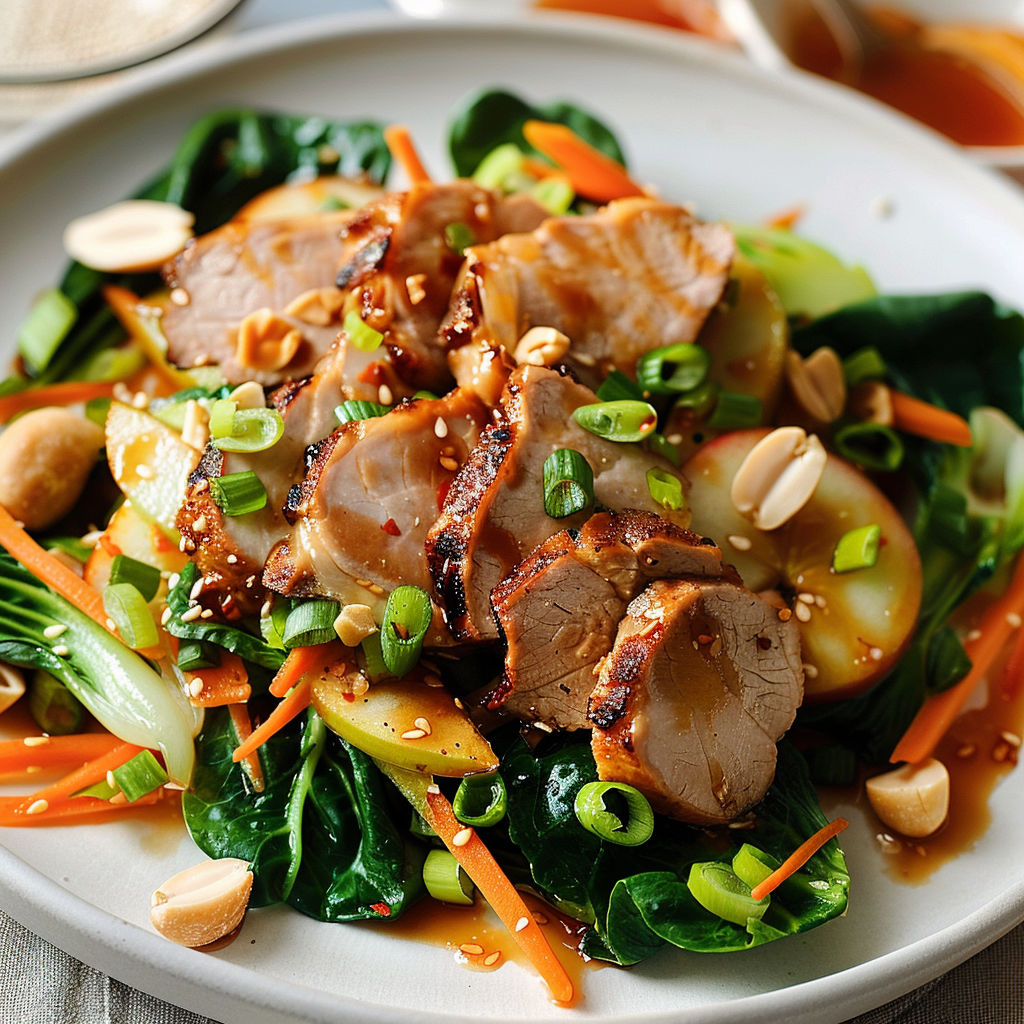 Un plat de salade de porc rôti sur lit de bok choy et carottes croquantes.