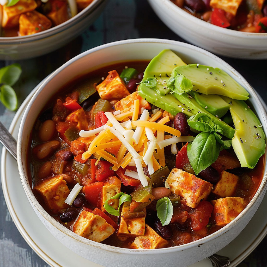 Une soupe chili végétarienne avec du tofu, des légumes et des avocats frais.