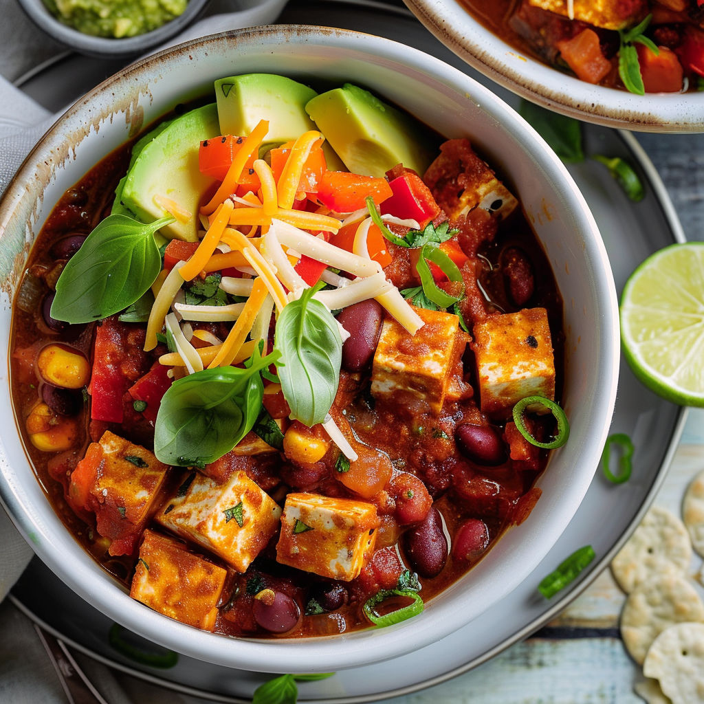 Bol réconfortant de chili épicé et topping d'avocat au basilic.
