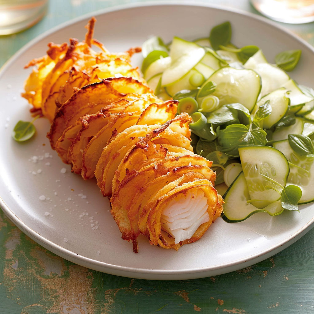 Une morue enrubannée de pomme de terre est servie avec une salade de concombre.