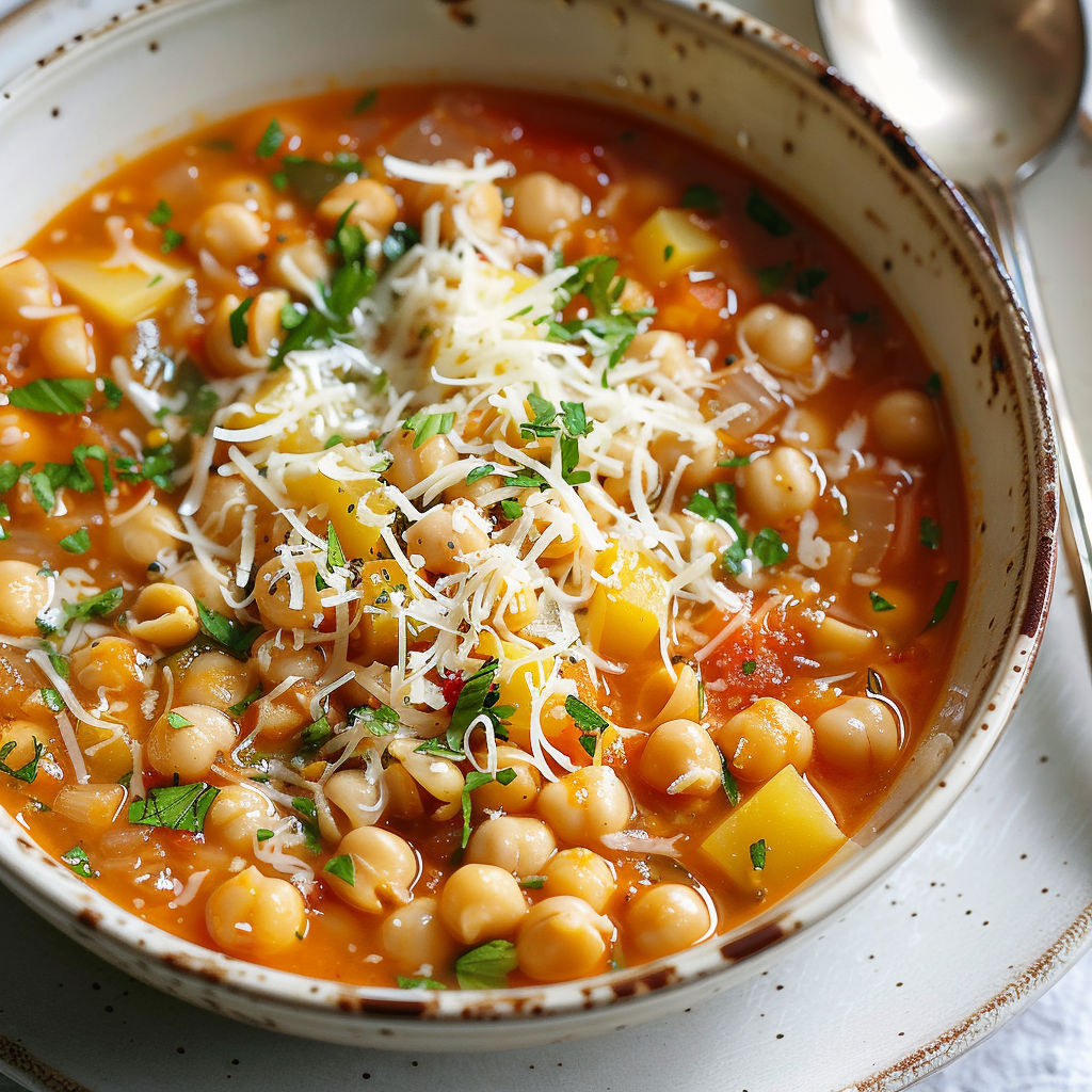Une soupe chaude avec des pois chiches et des pâtes.