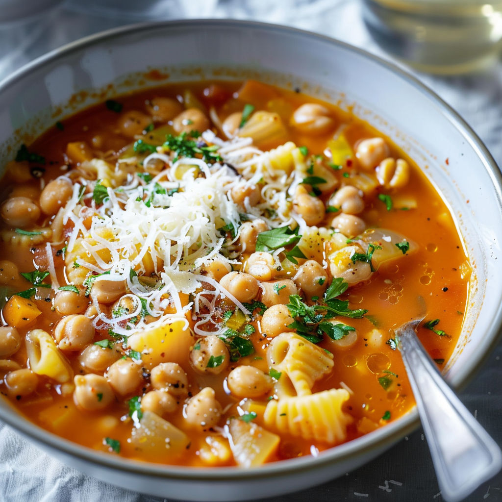 Une soupe de haricots et de macaroni avec des herbes et du fromage râpé.