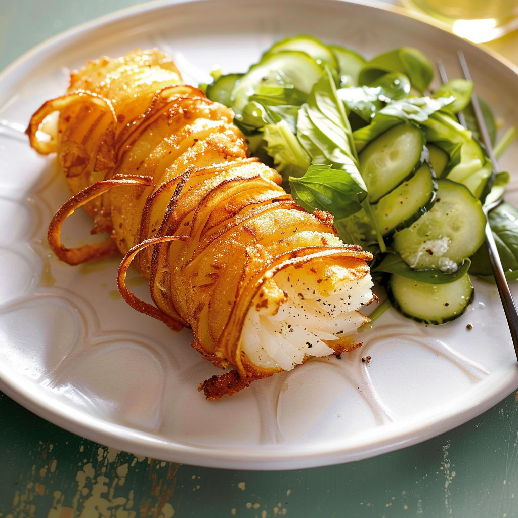 Une morue croustillante en spirales de pomme de terre et salade fraîche de concombre est servie sur un plateau.