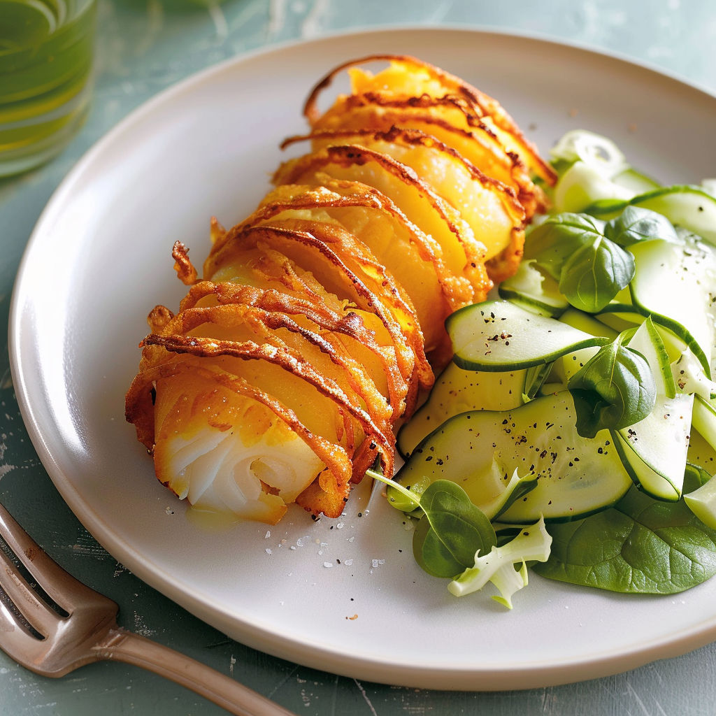 Une assiette de morue en habit de pommes de terre, accompagnée de salade verte acidulée.