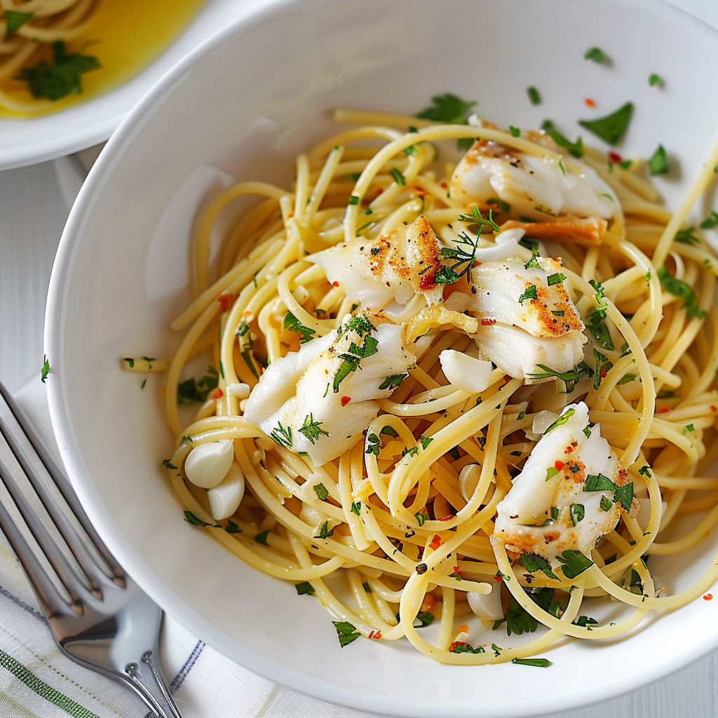 Une assiette de spaghettis à l'aiglefin et au citron est servie sur une table.