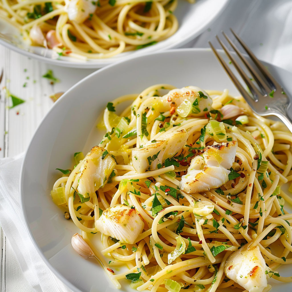 Une plate de spaghetti avec des crevettes et des herbes.