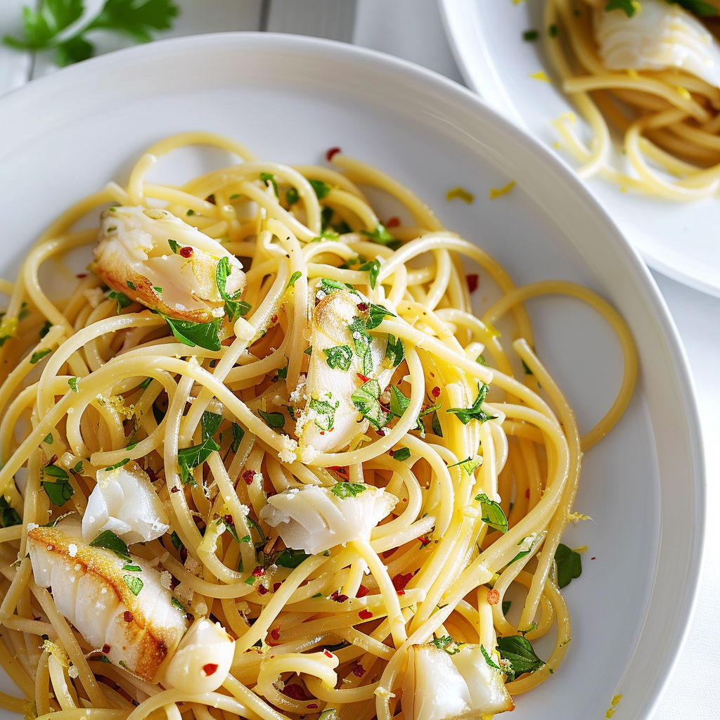 Une plate de spaghetti avec des poissons et des herbes.