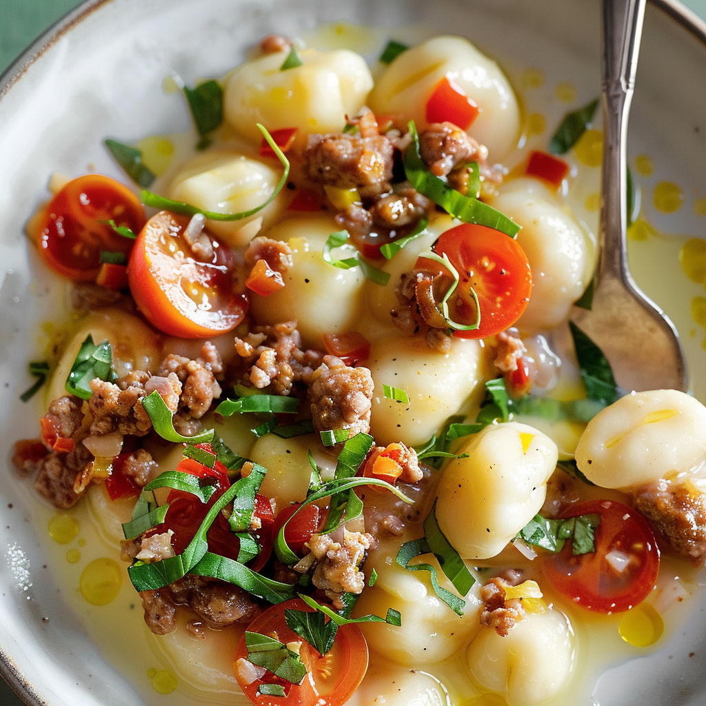 Une assiette de gnocchis de saucisse et de tomates, servie avec une sauce au bouillon.