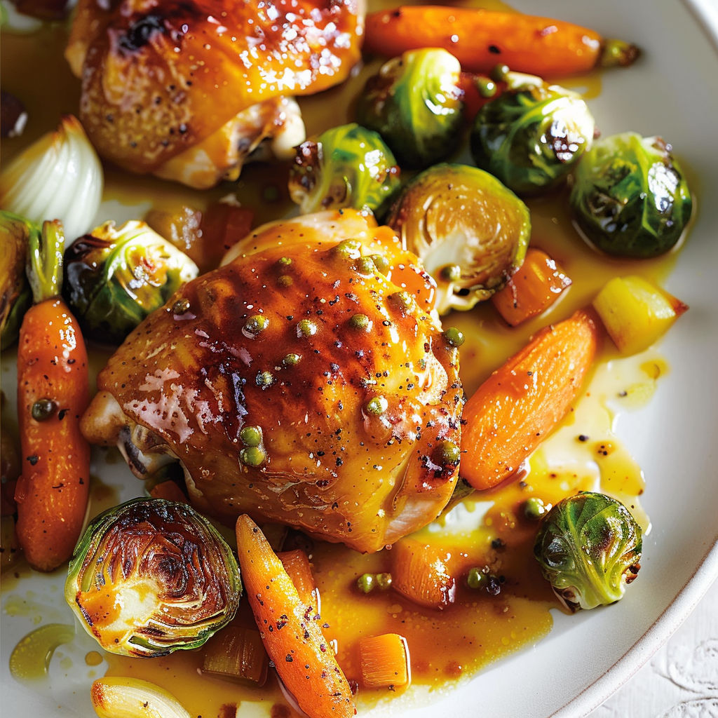 Une recette de poulet avec des légumes, tels que des carottes et des brassicas, est servie sur un plateau.