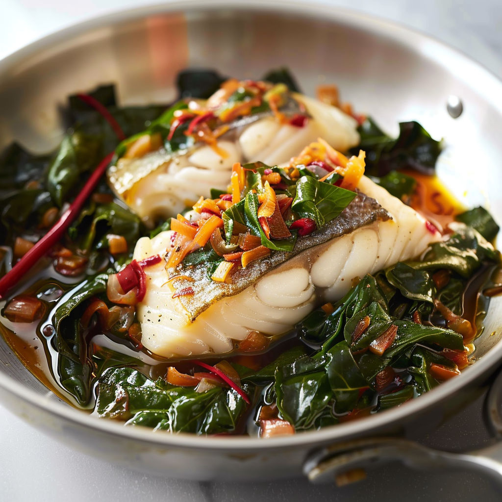 Une poêle contenant des légumes et des viandes, avec une sauce rouge.