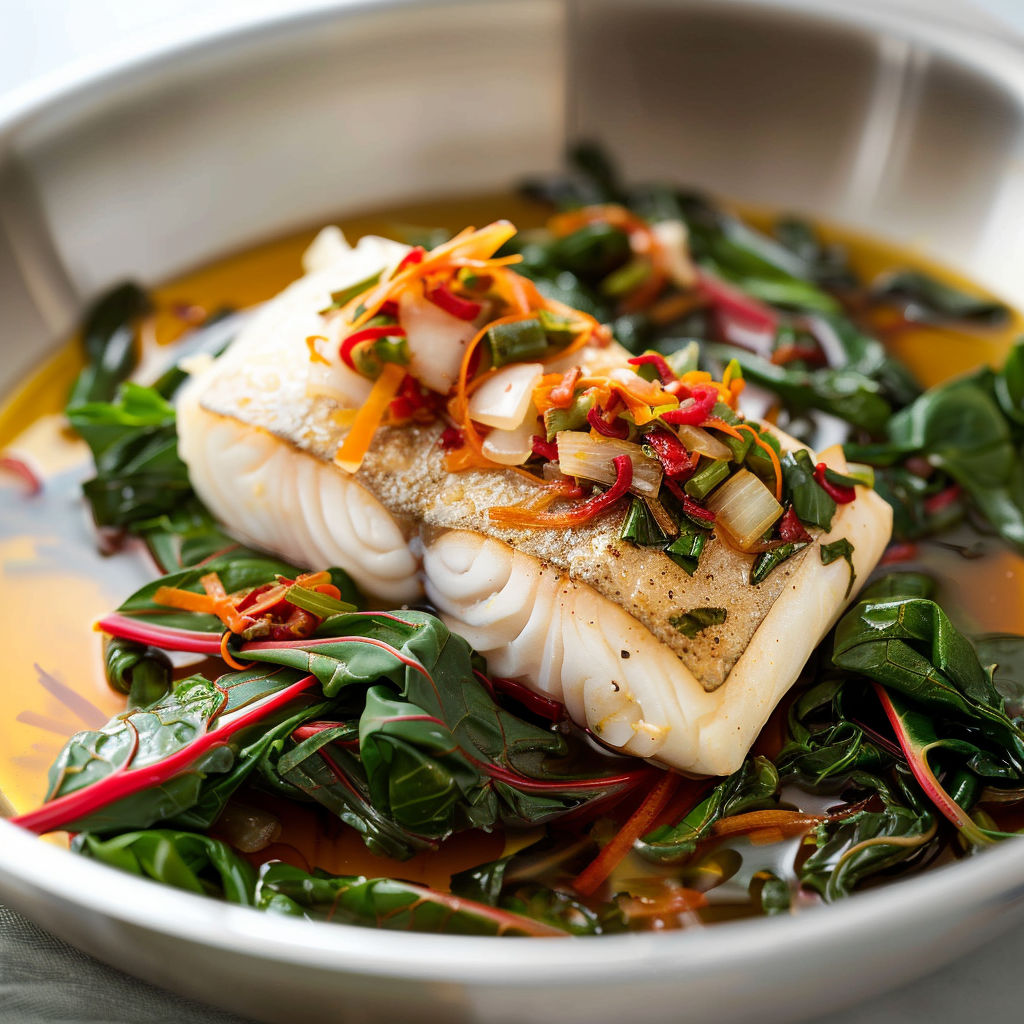Un poisson grillé avec des légumes verts et des légumes rouges dans un bol.