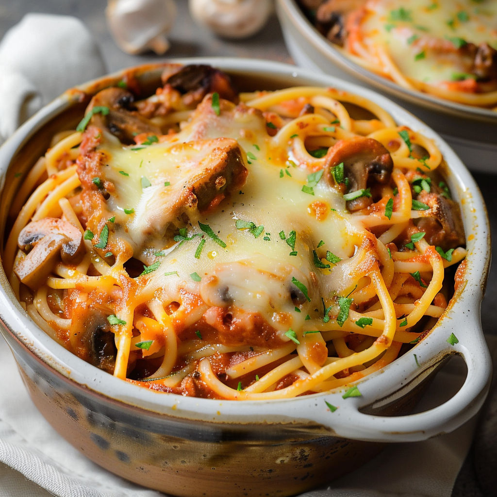Une assiette de spaghettis gratinés au veau et aux champignons, avec des champignons et des herbes vertes ajoutées pour ajouter de la saveur.