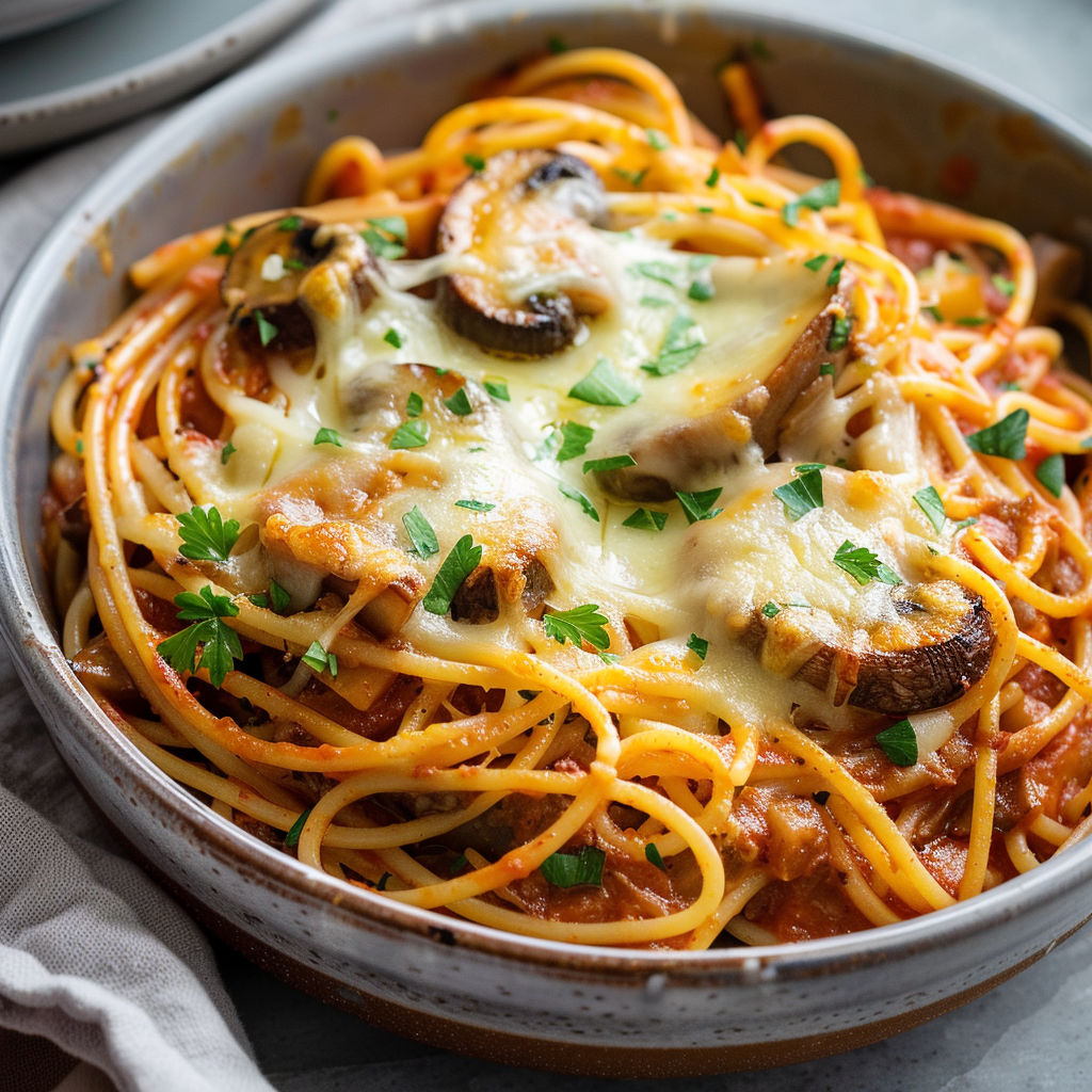 Une assiette de spaghettis gratinés au veau, champignons et croûte fondante de fromage.