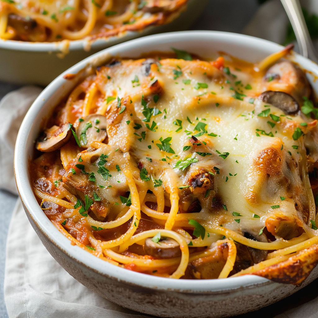 Un plat de pâtes au veau mijoté et champignons gratinés au fromage de caractère.
